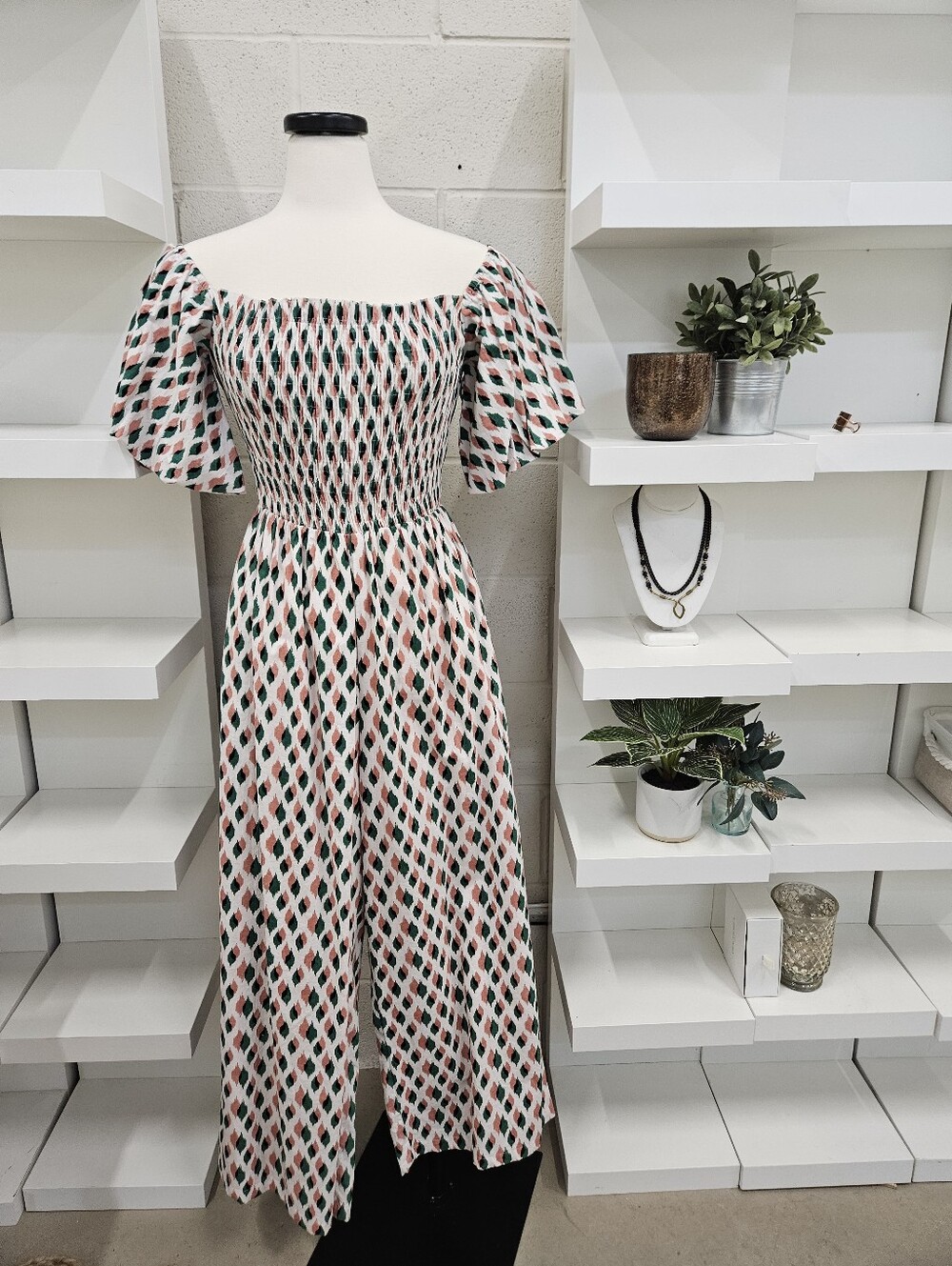 Smocked Jumpsuit With Puff Sleeve